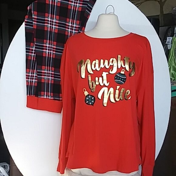 Christmas Pajama Set Women's New / Tags Naughty but Nice Red Gold Plaid … - Picture 1 of 10
